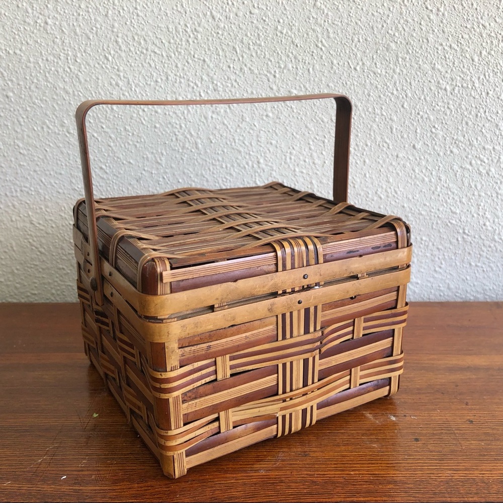 vintage square wicker basket with bamboo handle